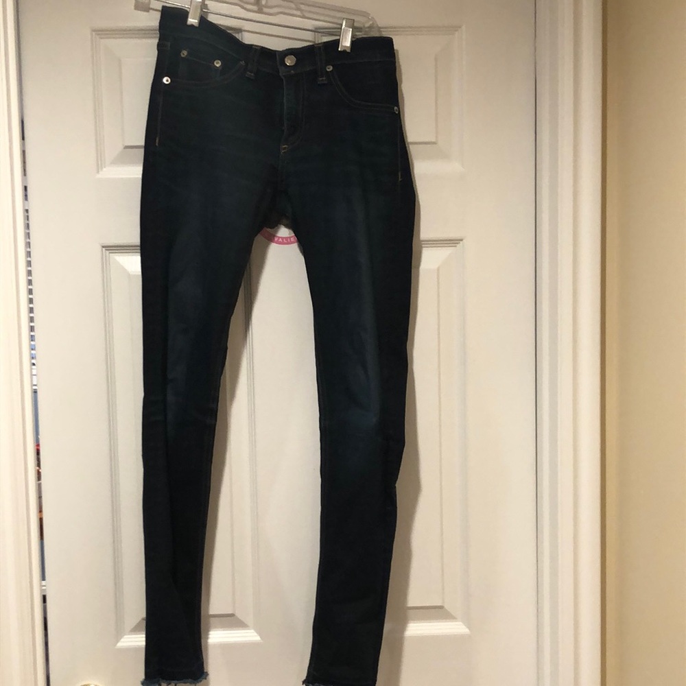 Rag and Bone skinny jeans, dark wash. Always been in cold so color stayed dark.